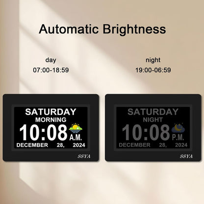 7 Inch Calendar Clock - 12 Alarm Options, Level 5 Auto Dimmable Display,Extra Large Impaired Vision Digital Clock with Non-Abbreviated Day & Month (Black)