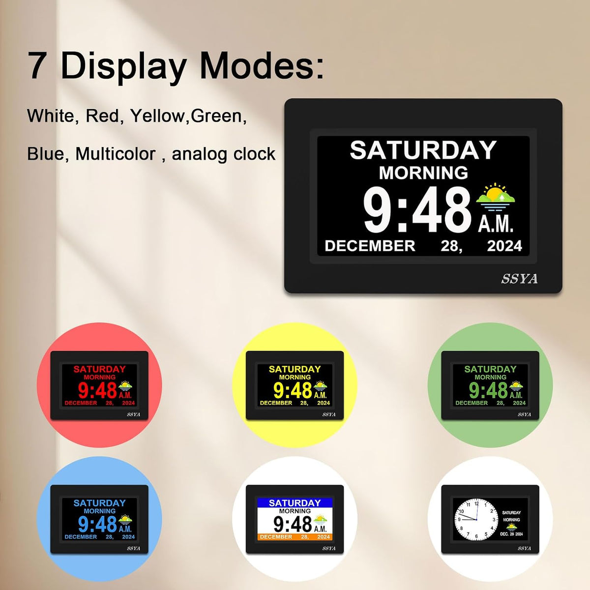 7 Inch Calendar Clock - 12 Alarm Options, Level 5 Auto Dimmable Display,Extra Large Impaired Vision Digital Clock with Non-Abbreviated Day & Month (Black)