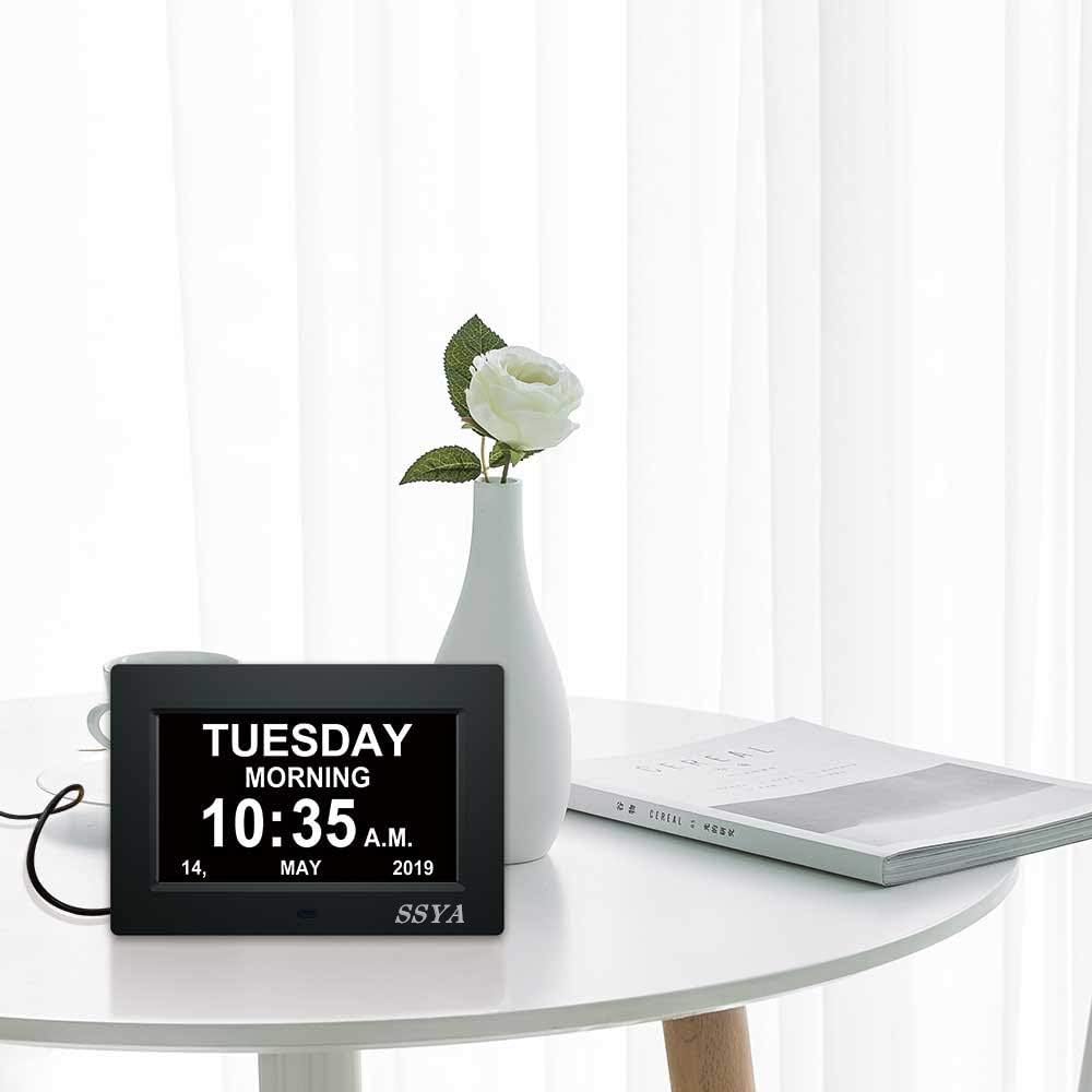 7 Inch Calendar Clock - 12 Alarm Options, Level 5 Auto Dimmable Display,Extra Large Impaired Vision Digital Clock with Non-Abbreviated Day & Month (Black)