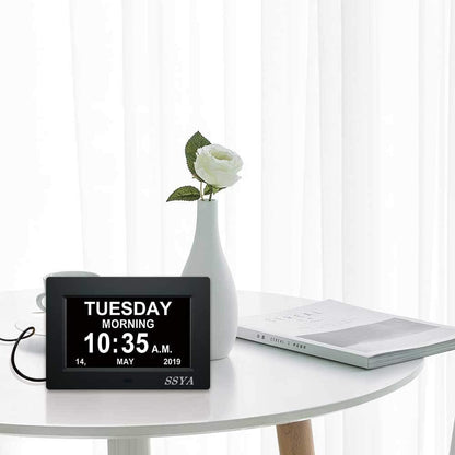 7 Inch Calendar Clock - 12 Alarm Options, Level 5 Auto Dimmable Display,Extra Large Impaired Vision Digital Clock with Non-Abbreviated Day & Month (Black)