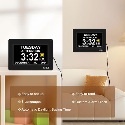 7 Inch Calendar Clock - 12 Alarm Options, Level 5 Auto Dimmable Display,Extra Large Impaired Vision Digital Clock with Non-Abbreviated Day & Month (Black)