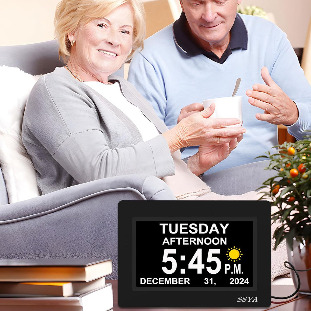 7 Inch Calendar Clock - 12 Alarm Options, Level 5 Auto Dimmable Display,Extra Large Impaired Vision Digital Clock with Non-Abbreviated Day & Month (Black)