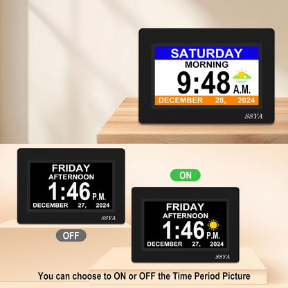 7 Inch Calendar Clock - 12 Alarm Options, Level 5 Auto Dimmable Display,Extra Large Impaired Vision Digital Clock with Non-Abbreviated Day & Month (Black)