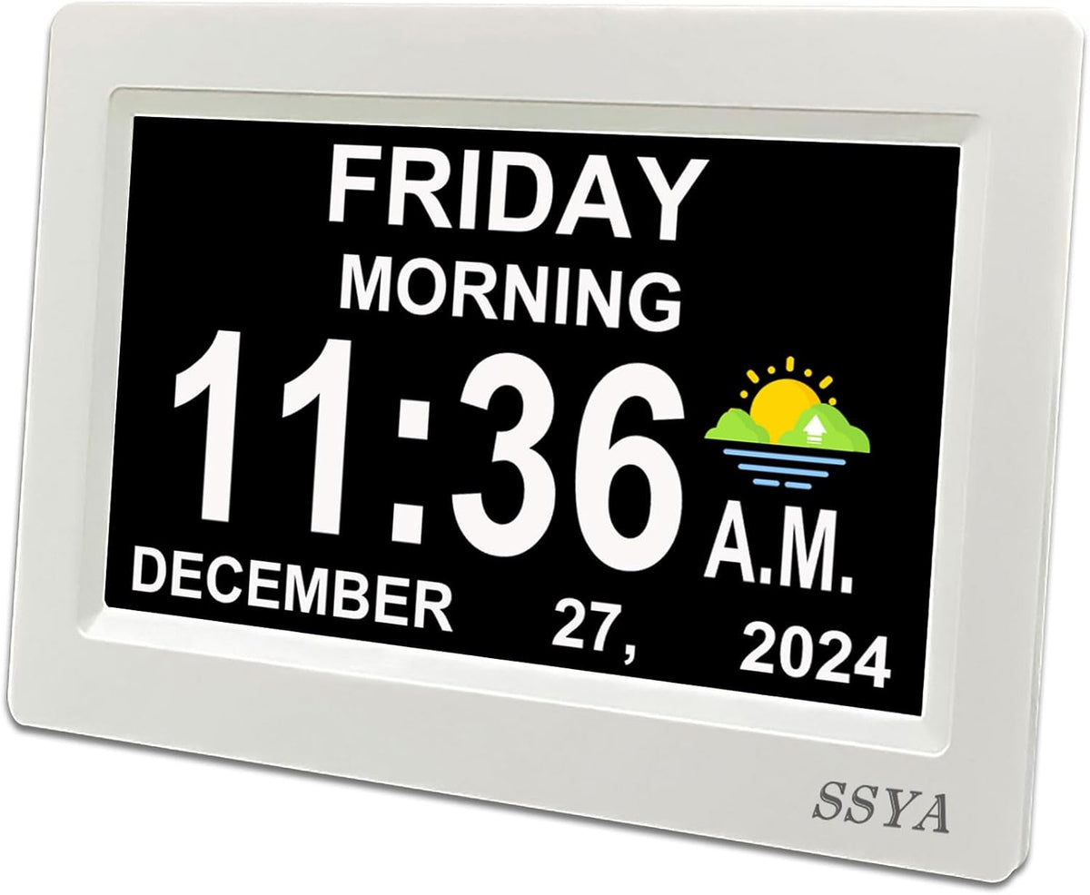 7 Inch Calendar Clock - 12 Alarm Options, Level 5 Auto Dimmable Display,Extra Large Impaired Vision Digital Clock with Non-Abbreviated Day & Month (Black)