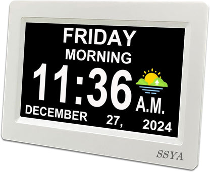 7 Inch Calendar Clock - 12 Alarm Options, Level 5 Auto Dimmable Display,Extra Large Impaired Vision Digital Clock with Non-Abbreviated Day & Month (Black)