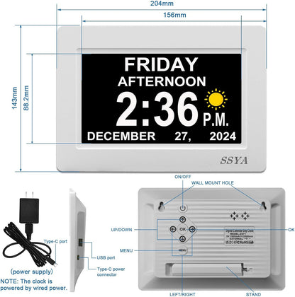 7 Inch Calendar Clock - 12 Alarm Options, Level 5 Auto Dimmable Display,Extra Large Impaired Vision Digital Clock with Non-Abbreviated Day & Month (Black)