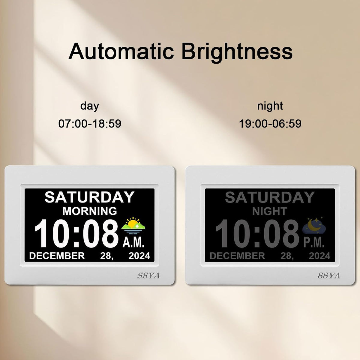 7 Inch Calendar Clock - 12 Alarm Options, Level 5 Auto Dimmable Display,Extra Large Impaired Vision Digital Clock with Non-Abbreviated Day & Month (Black)