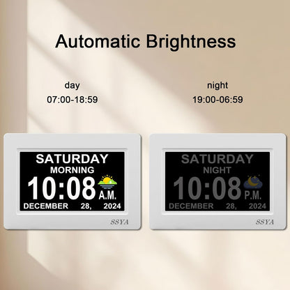 7 Inch Calendar Clock - 12 Alarm Options, Level 5 Auto Dimmable Display,Extra Large Impaired Vision Digital Clock with Non-Abbreviated Day & Month (Black)