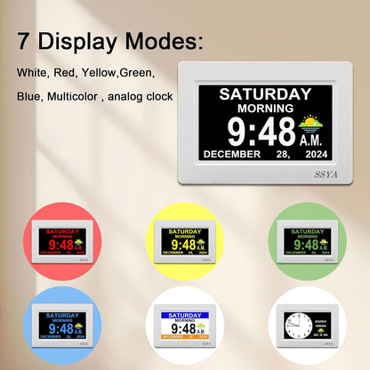 7 Inch Calendar Clock - 12 Alarm Options, Level 5 Auto Dimmable Display,Extra Large Impaired Vision Digital Clock with Non-Abbreviated Day & Month (Black)