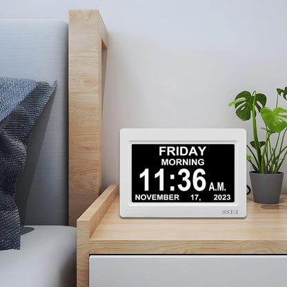 7 Inch Calendar Clock - 12 Alarm Options, Level 5 Auto Dimmable Display,Extra Large Impaired Vision Digital Clock with Non-Abbreviated Day & Month (Black)