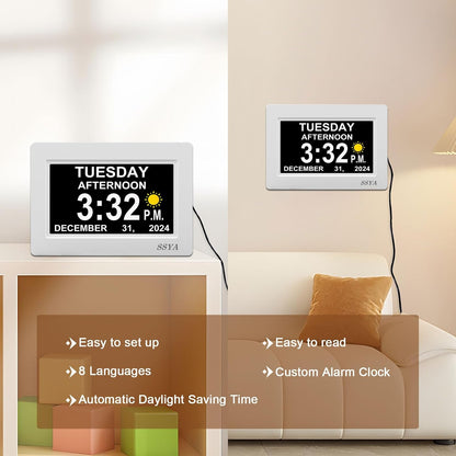 7 Inch Calendar Clock - 12 Alarm Options, Level 5 Auto Dimmable Display,Extra Large Impaired Vision Digital Clock with Non-Abbreviated Day & Month (Black)