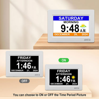 7 Inch Calendar Clock - 12 Alarm Options, Level 5 Auto Dimmable Display,Extra Large Impaired Vision Digital Clock with Non-Abbreviated Day & Month (Black)