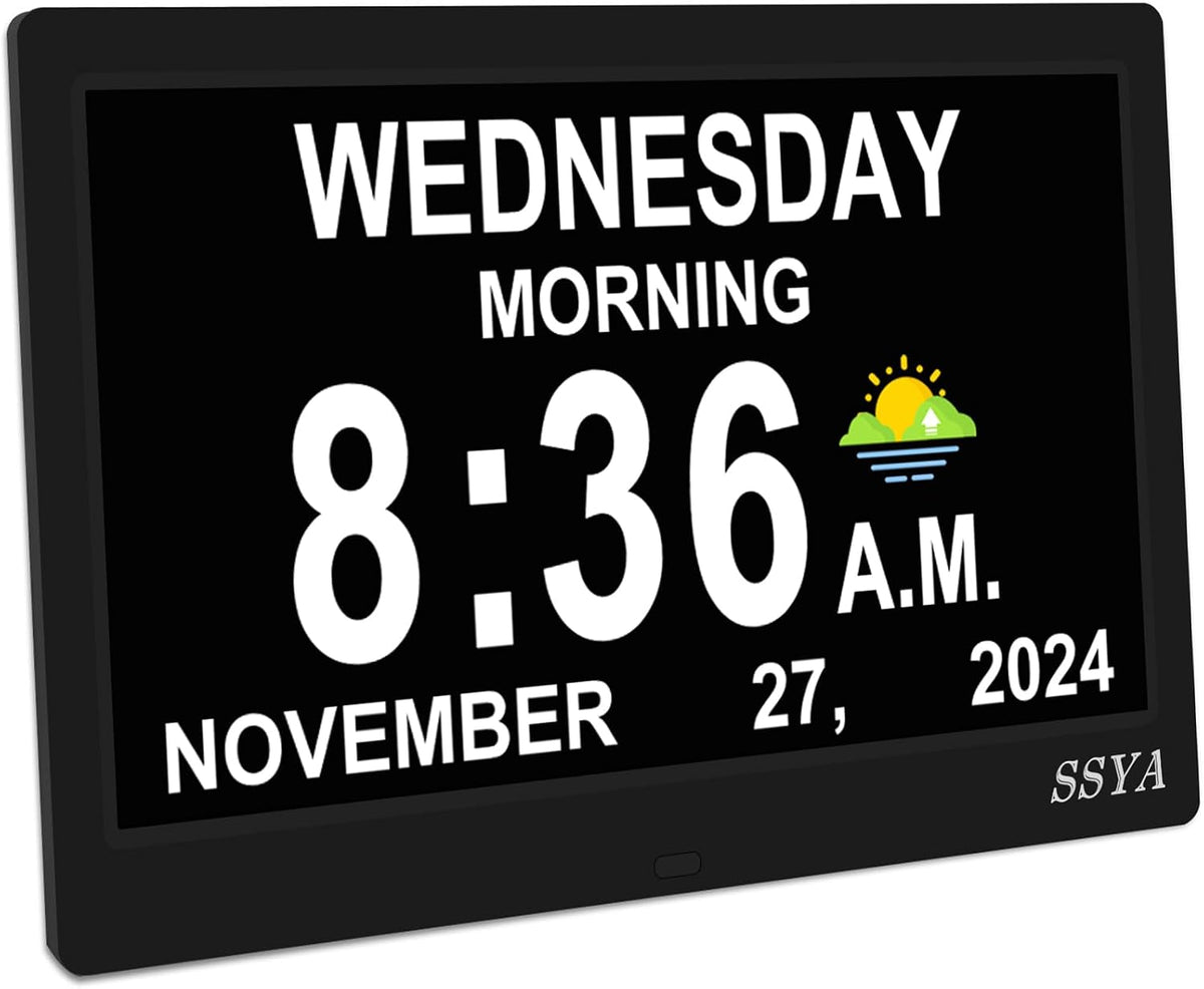 7 Inch Calendar Clock - 12 Alarm Options, Level 5 Auto Dimmable Display,Extra Large Impaired Vision Digital Clock with Non-Abbreviated Day & Month (Black)