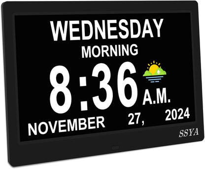 7 Inch Calendar Clock - 12 Alarm Options, Level 5 Auto Dimmable Display,Extra Large Impaired Vision Digital Clock with Non-Abbreviated Day & Month (Black)