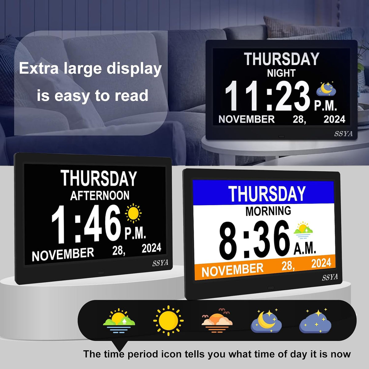 7 Inch Calendar Clock - 12 Alarm Options, Level 5 Auto Dimmable Display,Extra Large Impaired Vision Digital Clock with Non-Abbreviated Day & Month (Black)