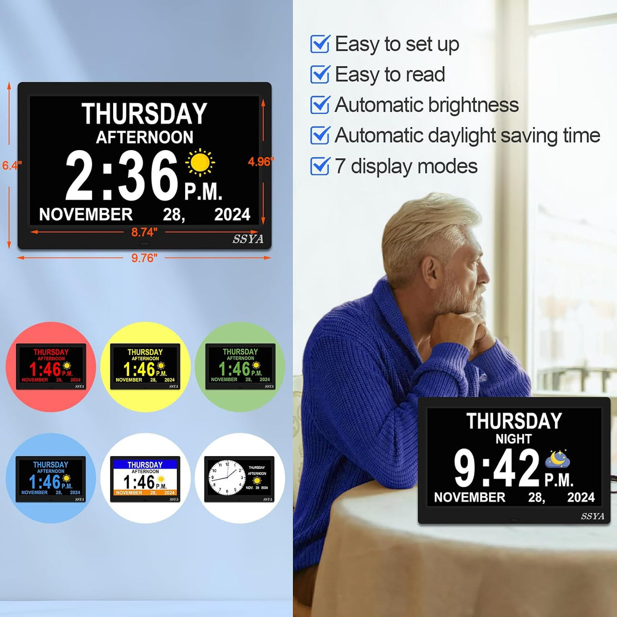 7 Inch Calendar Clock - 12 Alarm Options, Level 5 Auto Dimmable Display,Extra Large Impaired Vision Digital Clock with Non-Abbreviated Day & Month (Black)