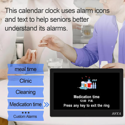 7 Inch Calendar Clock - 12 Alarm Options, Level 5 Auto Dimmable Display,Extra Large Impaired Vision Digital Clock with Non-Abbreviated Day & Month (Black)