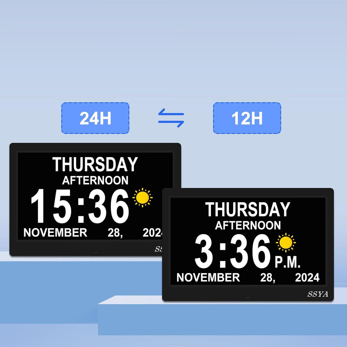 7 Inch Calendar Clock - 12 Alarm Options, Level 5 Auto Dimmable Display,Extra Large Impaired Vision Digital Clock with Non-Abbreviated Day & Month (Black)