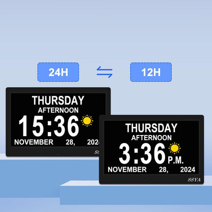 7 Inch Calendar Clock - 12 Alarm Options, Level 5 Auto Dimmable Display,Extra Large Impaired Vision Digital Clock with Non-Abbreviated Day & Month (Black)