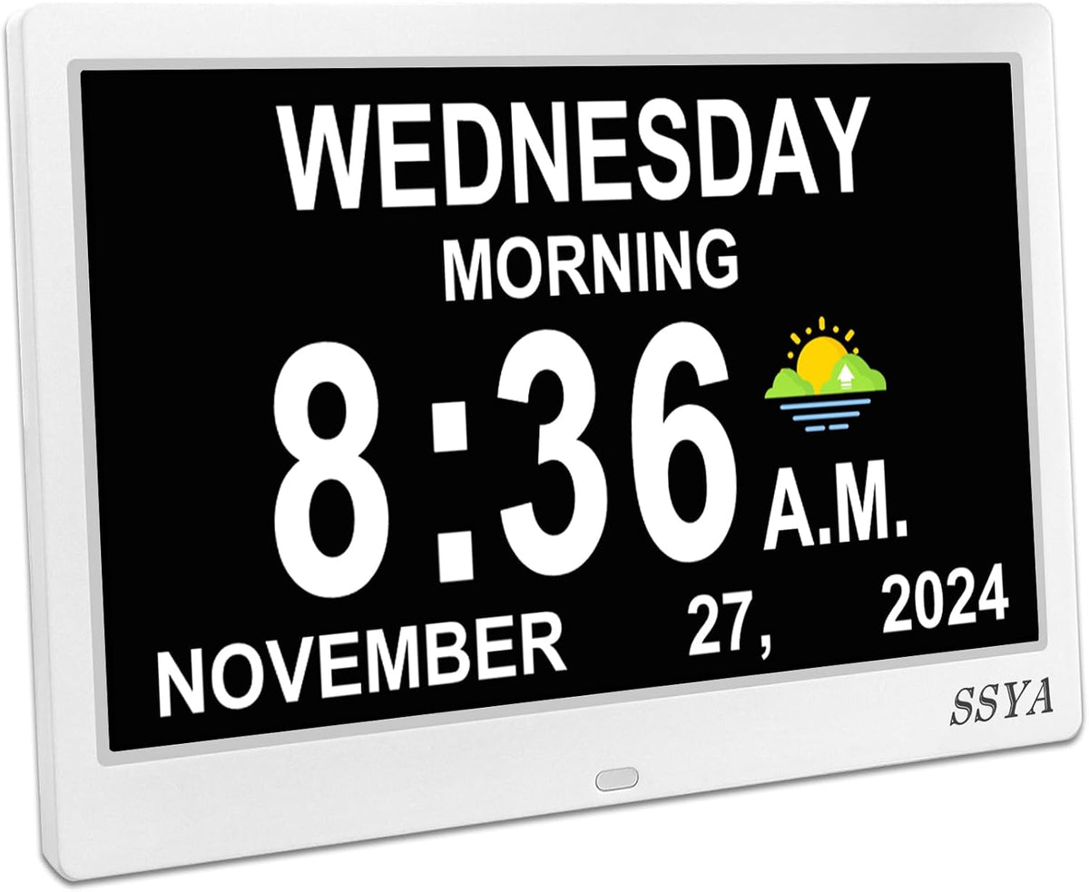 7 Inch Calendar Clock - 12 Alarm Options, Level 5 Auto Dimmable Display,Extra Large Impaired Vision Digital Clock with Non-Abbreviated Day & Month (Black)