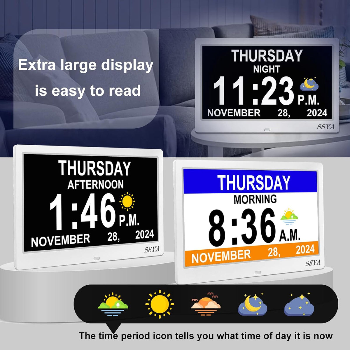 7 Inch Calendar Clock - 12 Alarm Options, Level 5 Auto Dimmable Display,Extra Large Impaired Vision Digital Clock with Non-Abbreviated Day & Month (Black)