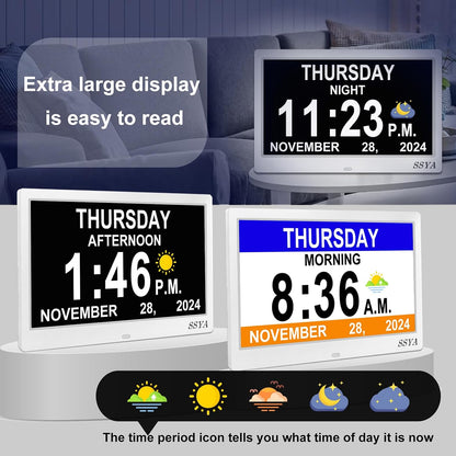 7 Inch Calendar Clock - 12 Alarm Options, Level 5 Auto Dimmable Display,Extra Large Impaired Vision Digital Clock with Non-Abbreviated Day & Month (Black)