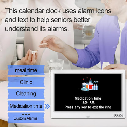 7 Inch Calendar Clock - 12 Alarm Options, Level 5 Auto Dimmable Display,Extra Large Impaired Vision Digital Clock with Non-Abbreviated Day & Month (Black)