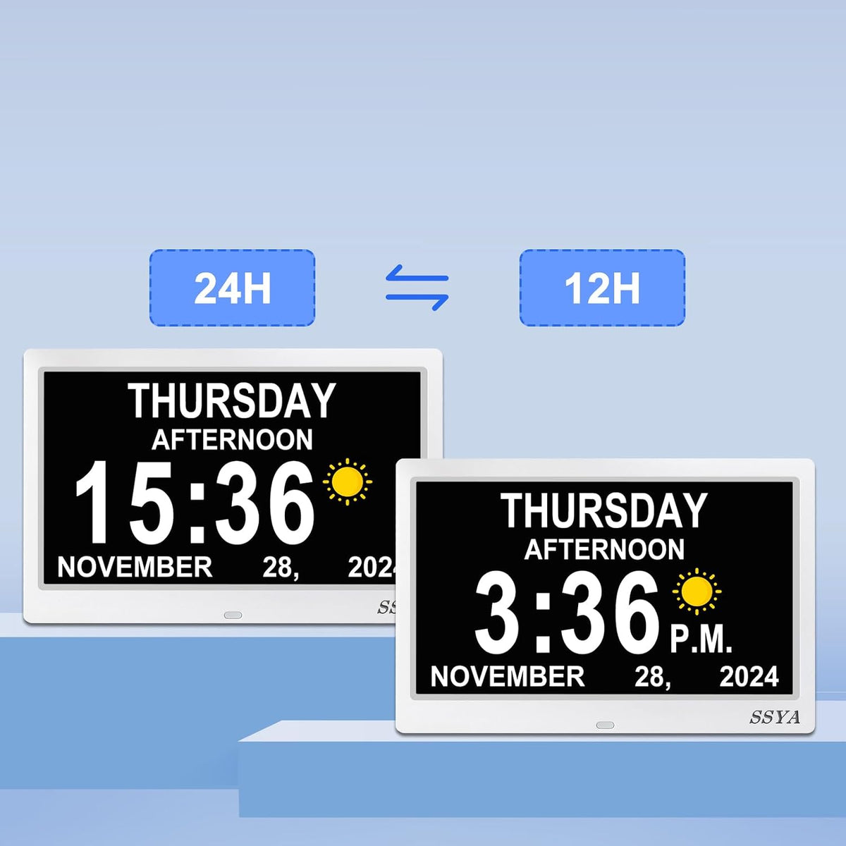 7 Inch Calendar Clock - 12 Alarm Options, Level 5 Auto Dimmable Display,Extra Large Impaired Vision Digital Clock with Non-Abbreviated Day & Month (Black)