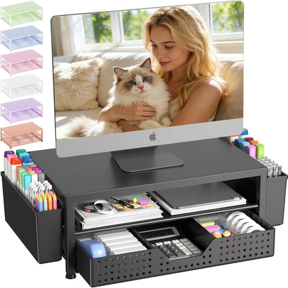 Desk Organizers and Accessories, Computer Monitor Stand Riser with Drawer and 2 Pen Holders, Printer & Laptop Stand, Office Desk Accessories & Workspace Organizers for Home Office Supplies, Black