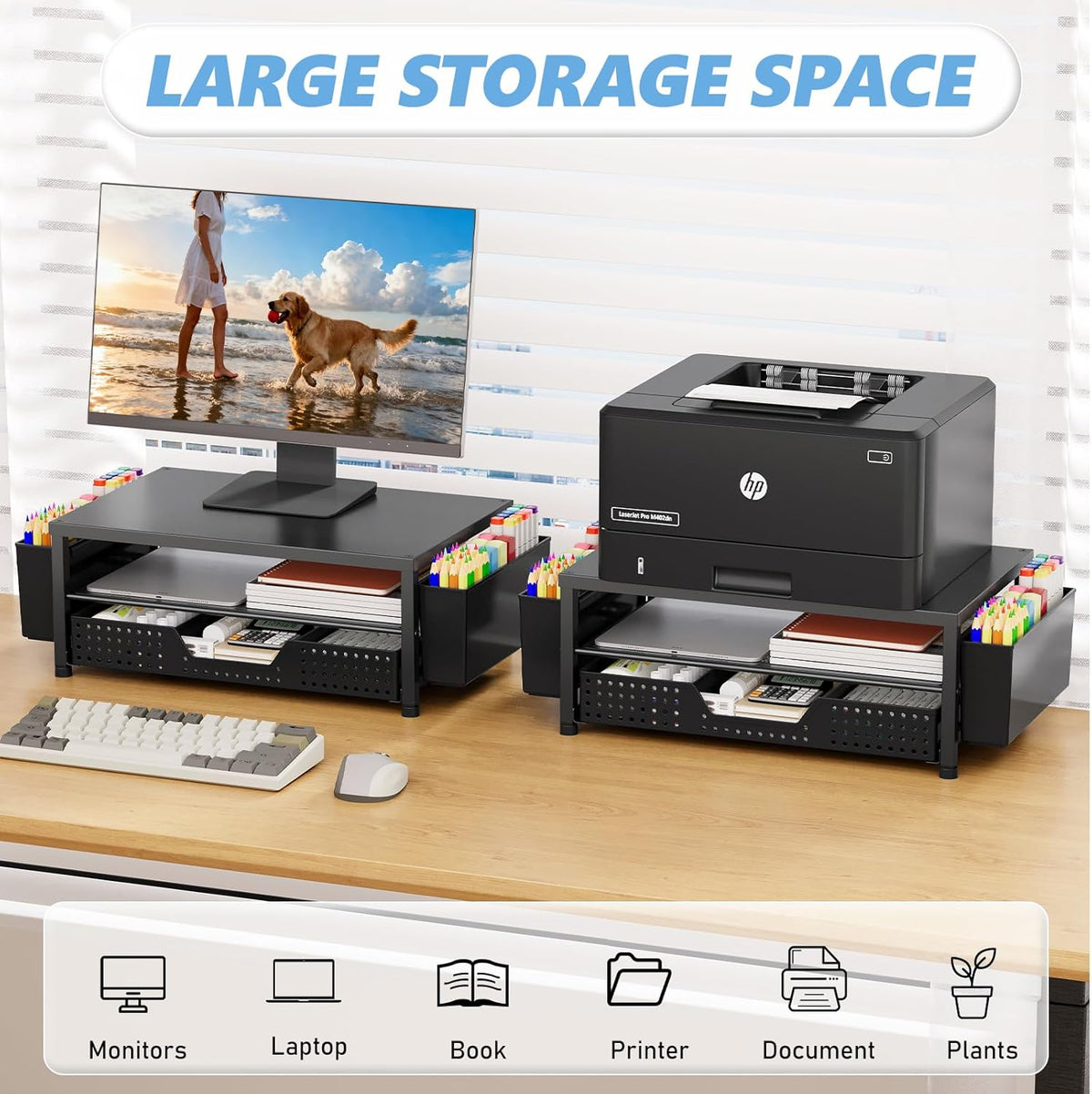 Desk Organizers and Accessories, Computer Monitor Stand Riser with Drawer and 2 Pen Holders, Printer & Laptop Stand, Office Desk Accessories & Workspace Organizers for Home Office Supplies, Black