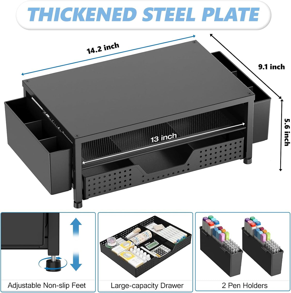 Desk Organizers and Accessories, Computer Monitor Stand Riser with Drawer and 2 Pen Holders, Printer & Laptop Stand, Office Desk Accessories & Workspace Organizers for Home Office Supplies, Black