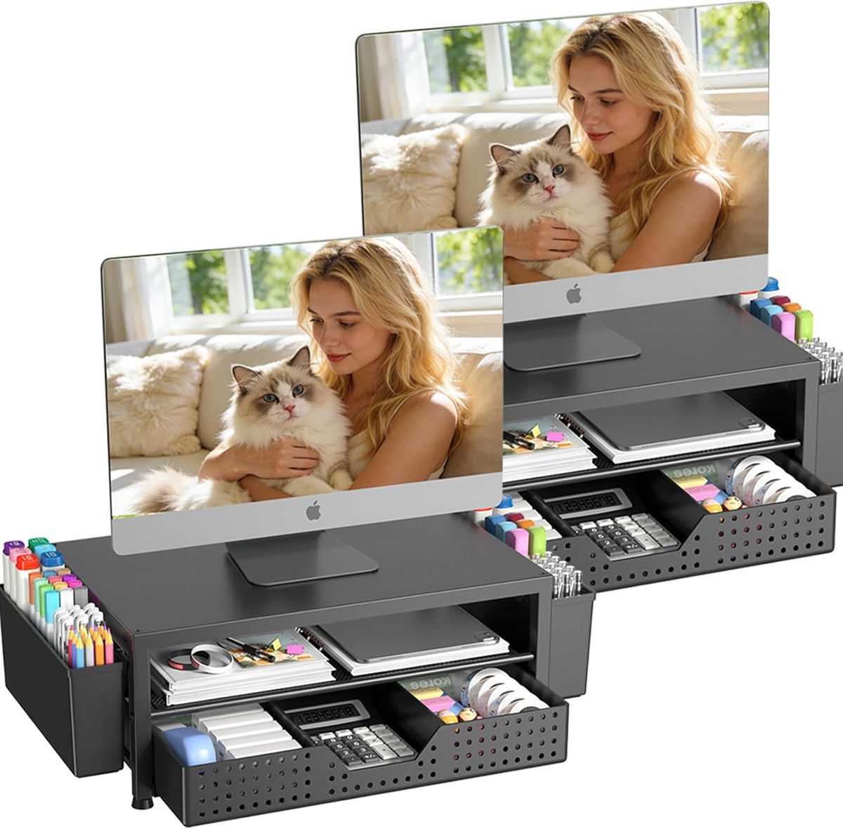 Desk Organizers and Accessories, Computer Monitor Stand Riser with Drawer and 2 Pen Holders, Printer & Laptop Stand, Office Desk Accessories & Workspace Organizers for Home Office Supplies, Black