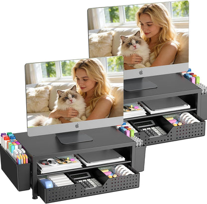 Desk Organizers and Accessories, Computer Monitor Stand Riser with Drawer and 2 Pen Holders, Printer & Laptop Stand, Office Desk Accessories & Workspace Organizers for Home Office Supplies, Black