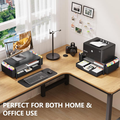 Desk Organizers and Accessories, Computer Monitor Stand Riser with Drawer and 2 Pen Holders, Printer & Laptop Stand, Office Desk Accessories & Workspace Organizers for Home Office Supplies, Black