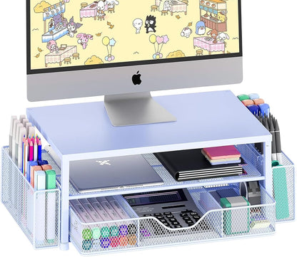 Desk Organizers and Accessories, Computer Monitor Stand Riser with Drawer and 2 Pen Holders, Printer & Laptop Stand, Office Desk Accessories & Workspace Organizers for Home Office Supplies, Black