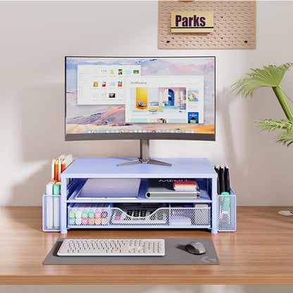 Desk Organizers and Accessories, Computer Monitor Stand Riser with Drawer and 2 Pen Holders, Printer & Laptop Stand, Office Desk Accessories & Workspace Organizers for Home Office Supplies, Black