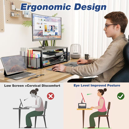 Desk Organizers and Accessories, Computer Monitor Stand Riser with Drawer and 2 Pen Holders, Printer & Laptop Stand, Office Desk Accessories & Workspace Organizers for Home Office Supplies, Black