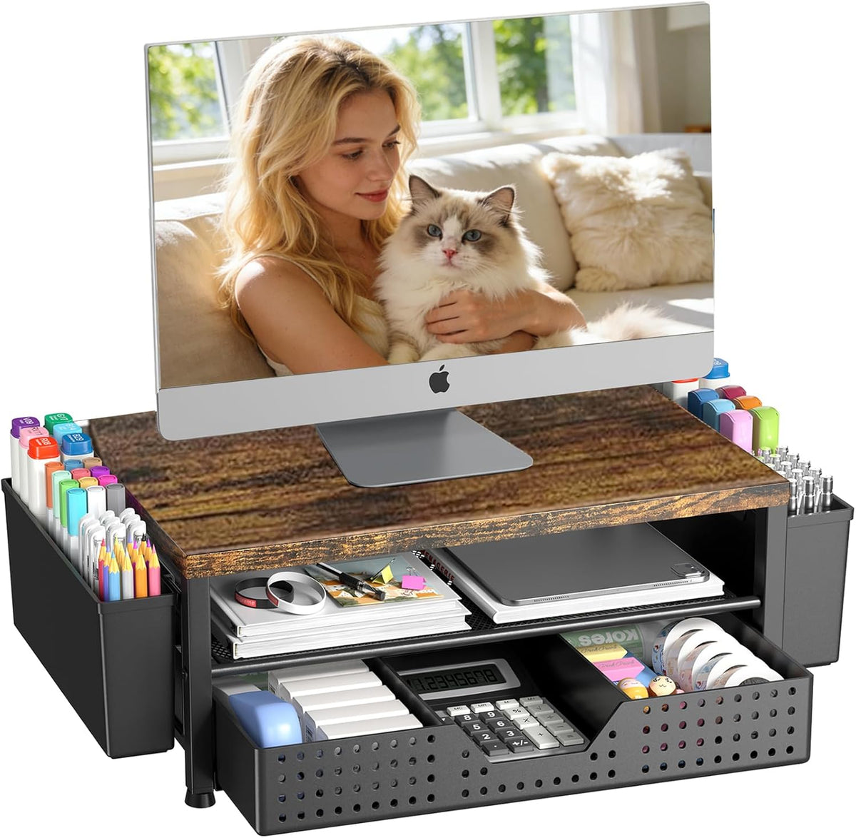 Desk Organizers and Accessories, Computer Monitor Stand Riser with Drawer and 2 Pen Holders, Printer & Laptop Stand, Office Desk Accessories & Workspace Organizers for Home Office Supplies, Black