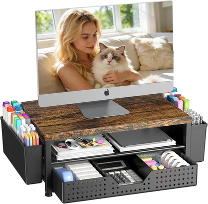 Desk Organizers and Accessories, Computer Monitor Stand Riser with Drawer and 2 Pen Holders, Printer & Laptop Stand, Office Desk Accessories & Workspace Organizers for Home Office Supplies, Black