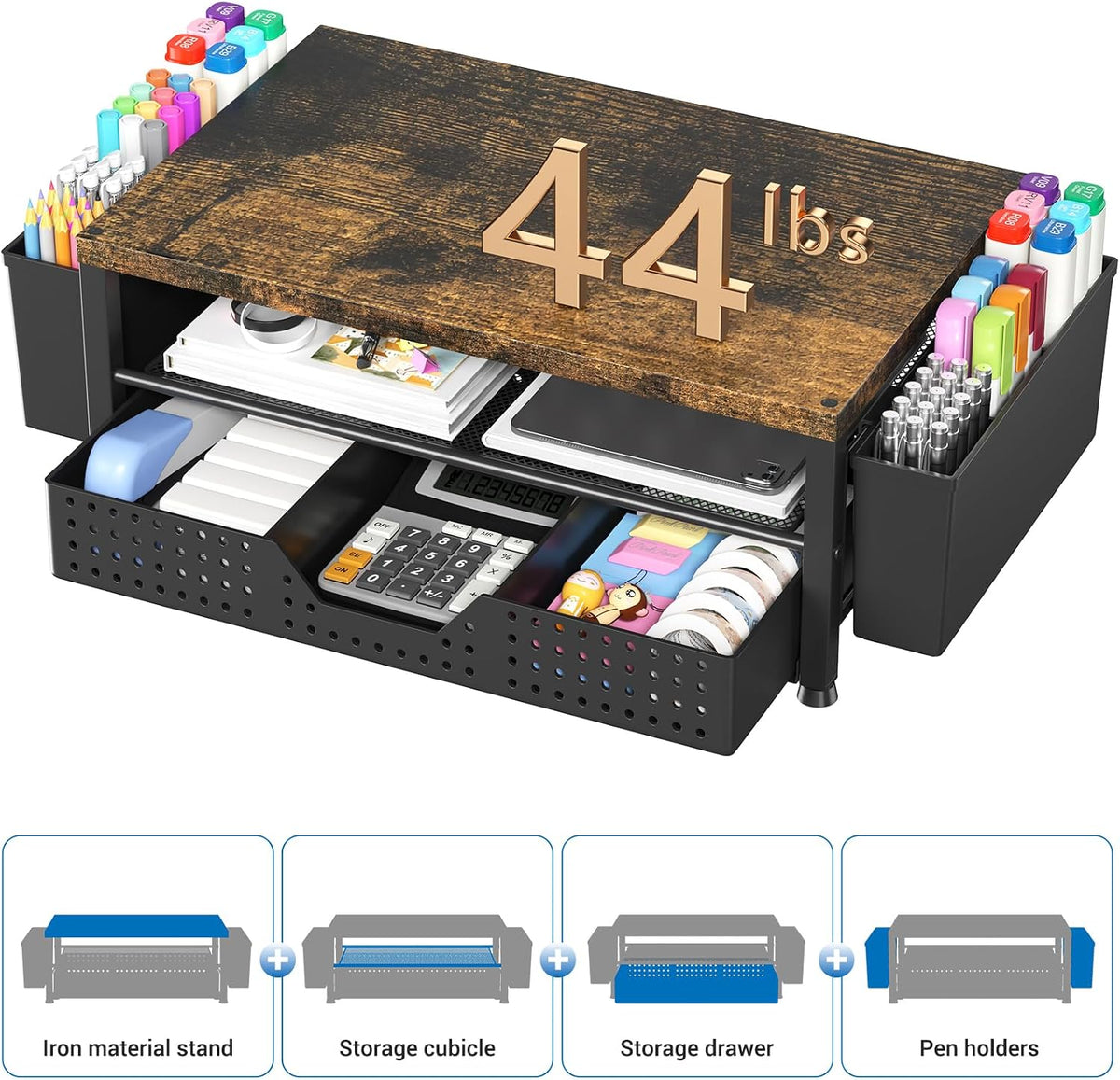 Desk Organizers and Accessories, Computer Monitor Stand Riser with Drawer and 2 Pen Holders, Printer & Laptop Stand, Office Desk Accessories & Workspace Organizers for Home Office Supplies, Black