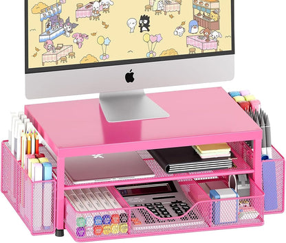 Desk Organizers and Accessories, Computer Monitor Stand Riser with Drawer and 2 Pen Holders, Printer & Laptop Stand, Office Desk Accessories & Workspace Organizers for Home Office Supplies, Black