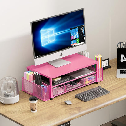 Desk Organizers and Accessories, Computer Monitor Stand Riser with Drawer and 2 Pen Holders, Printer & Laptop Stand, Office Desk Accessories & Workspace Organizers for Home Office Supplies, Black