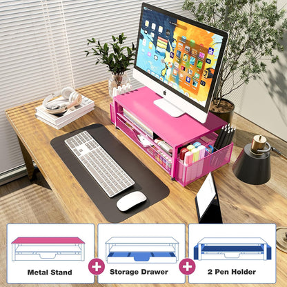 Desk Organizers and Accessories, Computer Monitor Stand Riser with Drawer and 2 Pen Holders, Printer & Laptop Stand, Office Desk Accessories & Workspace Organizers for Home Office Supplies, Black