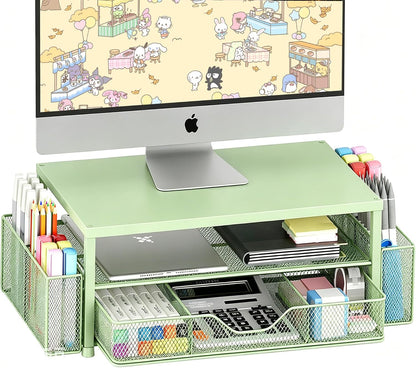 Desk Organizers and Accessories, Computer Monitor Stand Riser with Drawer and 2 Pen Holders, Printer & Laptop Stand, Office Desk Accessories & Workspace Organizers for Home Office Supplies, Black