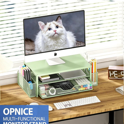 Desk Organizers and Accessories, Computer Monitor Stand Riser with Drawer and 2 Pen Holders, Printer & Laptop Stand, Office Desk Accessories & Workspace Organizers for Home Office Supplies, Black