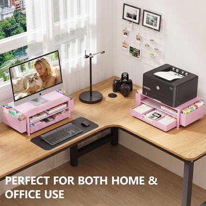 Desk Organizers and Accessories, Computer Monitor Stand Riser with Drawer and 2 Pen Holders, Printer & Laptop Stand, Office Desk Accessories & Workspace Organizers for Home Office Supplies, Black