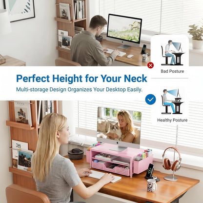 Desk Organizers and Accessories, Computer Monitor Stand Riser with Drawer and 2 Pen Holders, Printer & Laptop Stand, Office Desk Accessories & Workspace Organizers for Home Office Supplies, Black