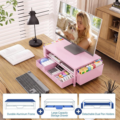 Desk Organizers and Accessories, Computer Monitor Stand Riser with Drawer and 2 Pen Holders, Printer & Laptop Stand, Office Desk Accessories & Workspace Organizers for Home Office Supplies, Black