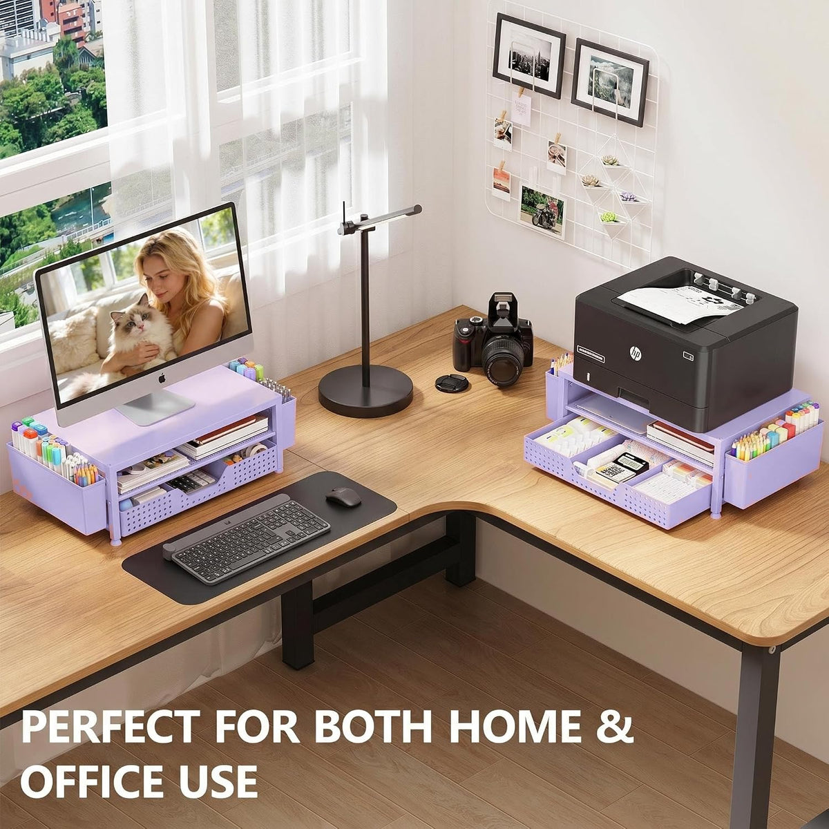 Desk Organizers and Accessories, Computer Monitor Stand Riser with Drawer and 2 Pen Holders, Printer & Laptop Stand, Office Desk Accessories & Workspace Organizers for Home Office Supplies, Black