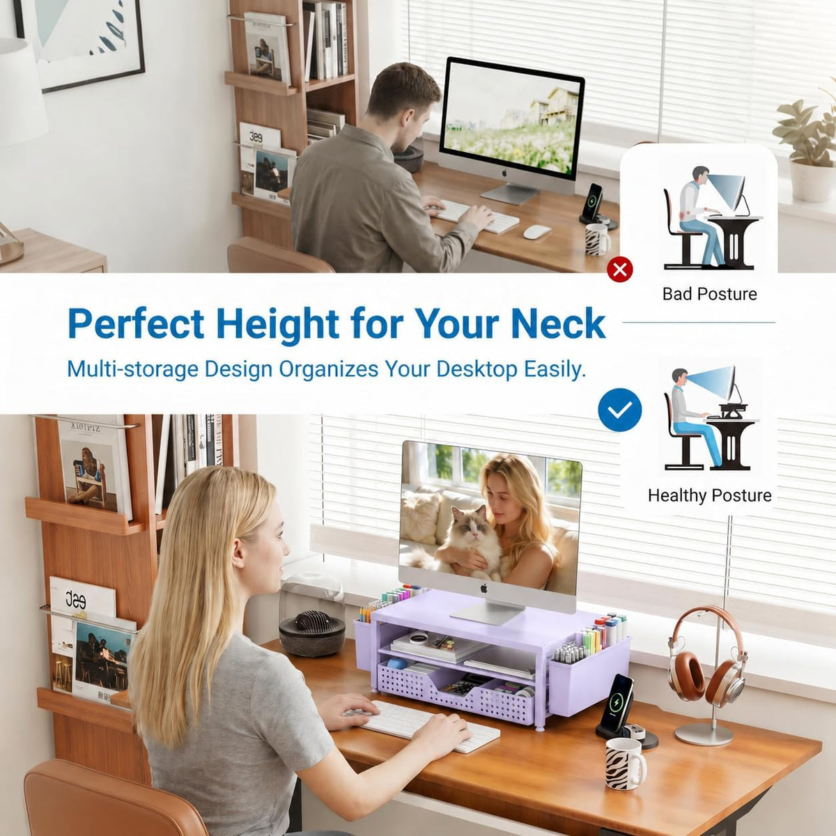 Desk Organizers and Accessories, Computer Monitor Stand Riser with Drawer and 2 Pen Holders, Printer & Laptop Stand, Office Desk Accessories & Workspace Organizers for Home Office Supplies, Black